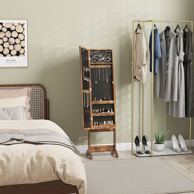 Freestanding Full Length Mirror Cabinet with LED Jewelry Storage and Adjustable Angle Rustic Brown