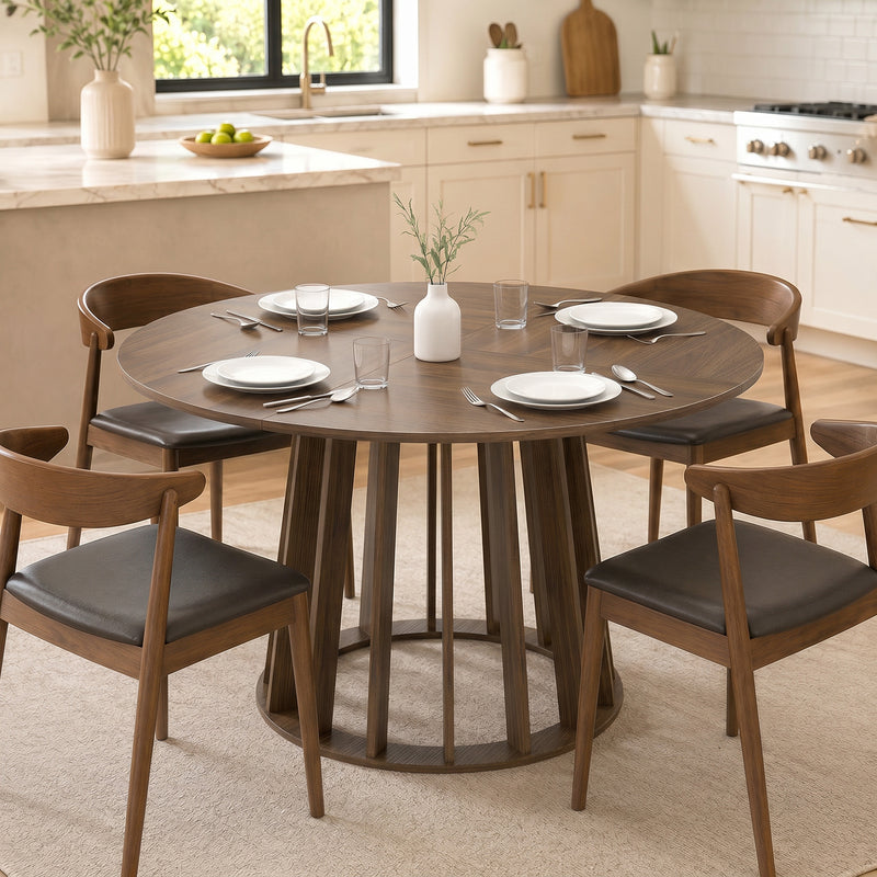 Round Dining Table for Easy Family Meals Wipe Clean Surface Seats 4 to 6 Light Walnut