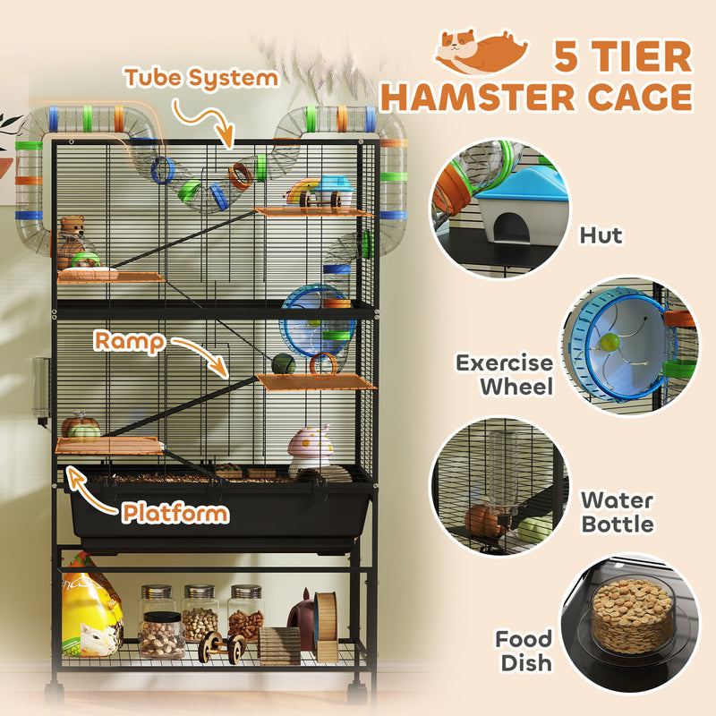 5 Tier Large Hamster Cage with Deep Tray and Storage Shelf for Rats and Gerbils by PawHut