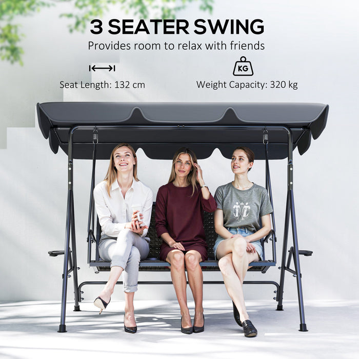 Grey 3 Seater Garden Swing Chair with Adjustable Canopy and Rattan Seat by Outsunny