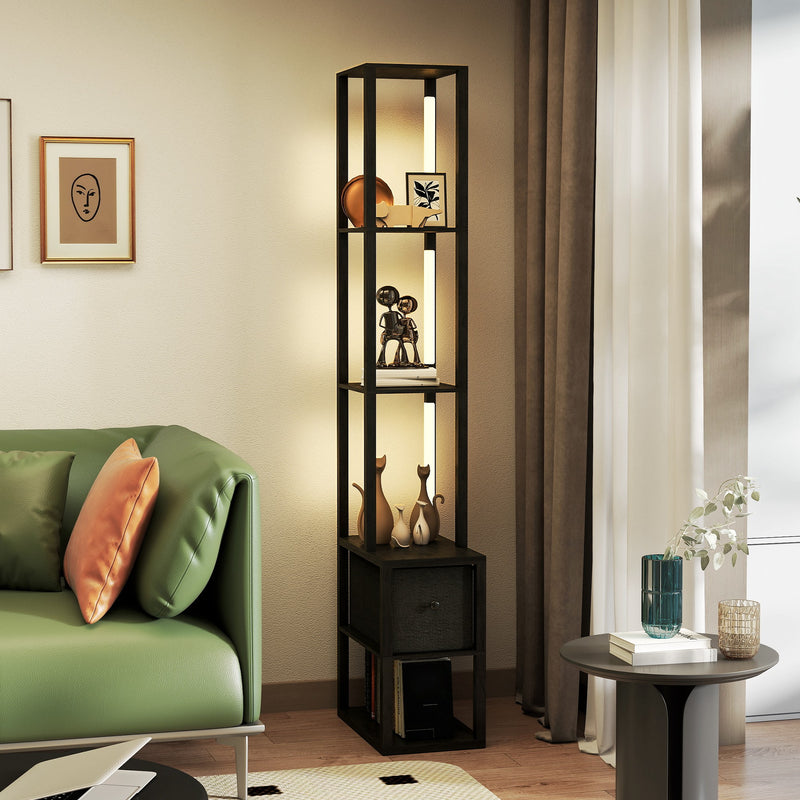 Modern LED Floor Lamp With Shelves and Fabric Drawer For Living Room or Bedroom, Black