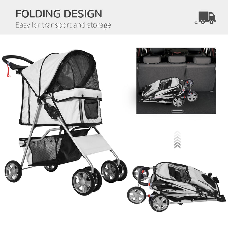 Folding Dog Stroller With Rain Cover And Storage Basket For Small Pets Grey AOSOM