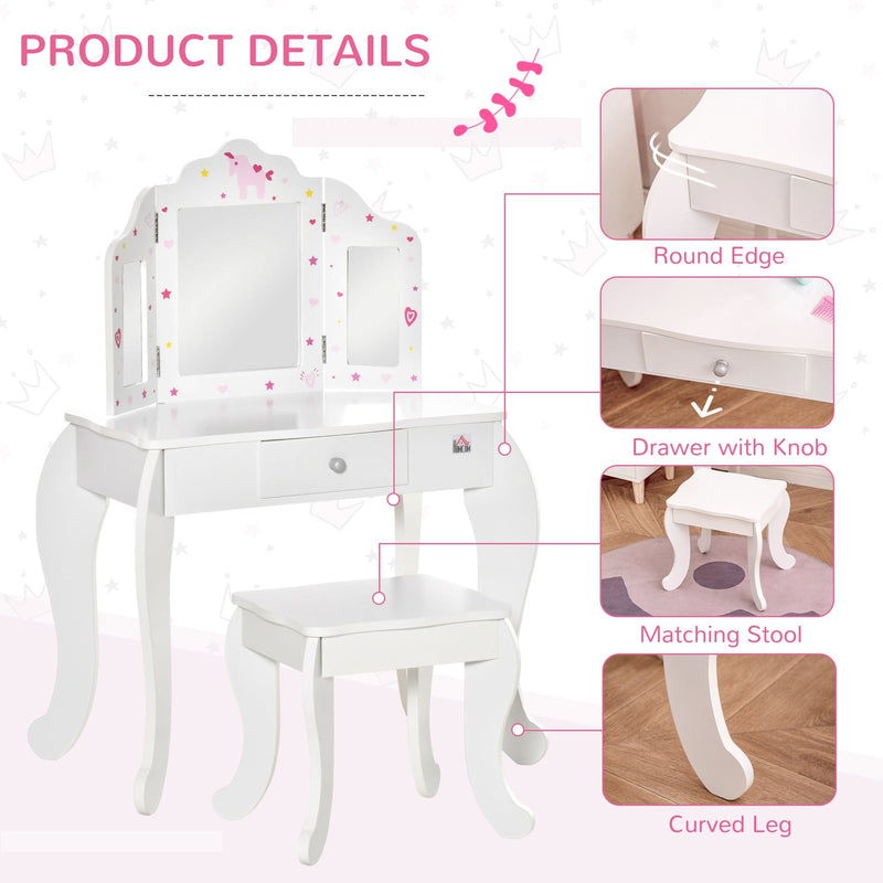 Kids Dressing Table and Stool Set with Mirror, White