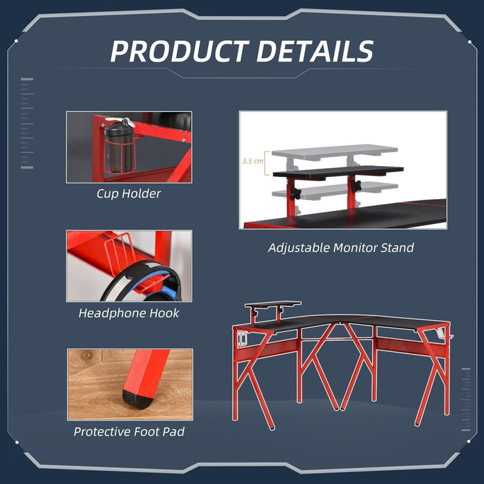 L Shaped Gaming Desk With Monitor Stand, Headset Hook, Red