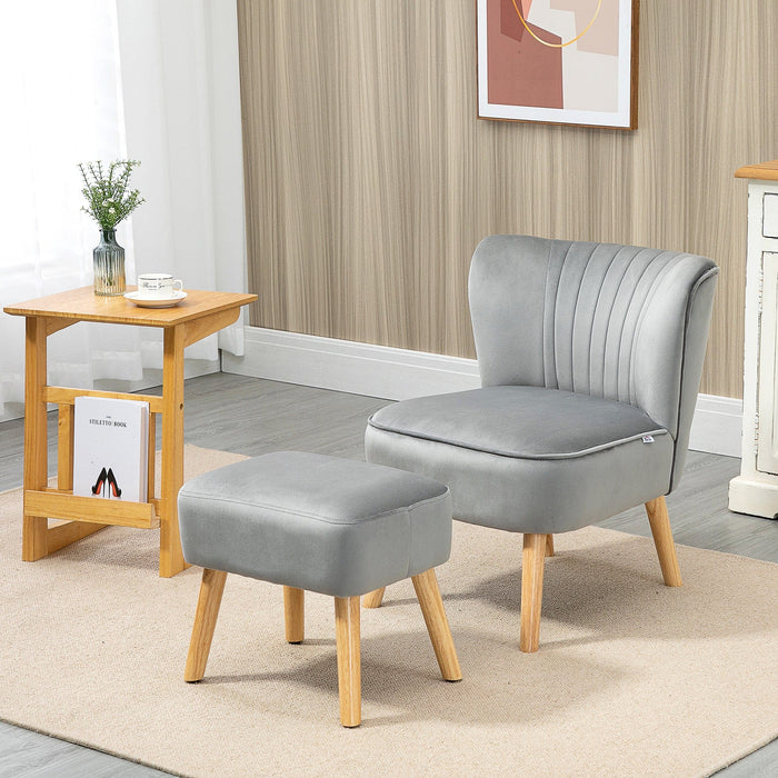 Contemorary Grey Velvet Accent Chair With Footstool