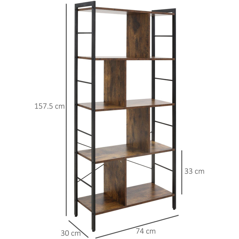 5 Shelf Industrial Bookcase, Rustic Brown, Metal Frame