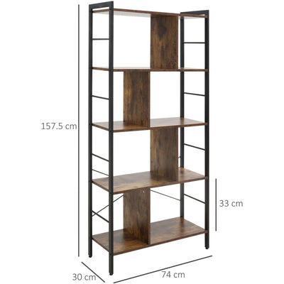 5 Shelf Industrial Bookcase, Rustic Brown, Metal Frame Homcom