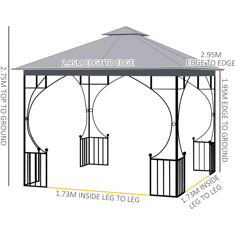 Metal Frame Gazebo With Privacy Curtains, Double Tier, 3x3m