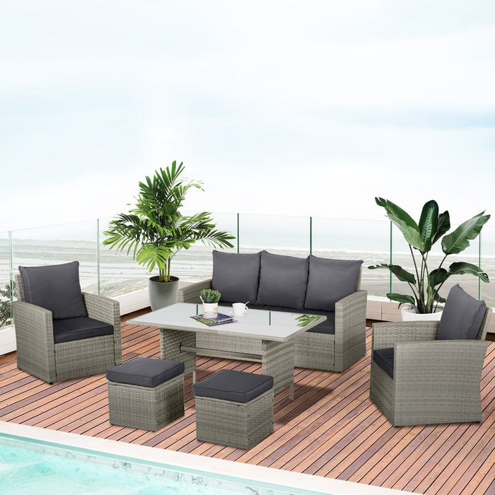 6 Piece Outdoor Dining Set with Rattan Chairs & Glass Table