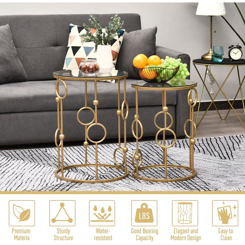 Set of 2 Gold Round Coffee Tables, Tempered Glass