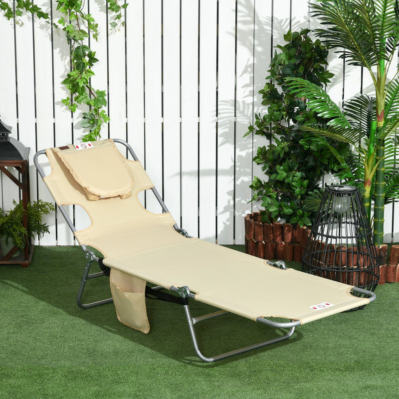 Outsunny Foldable Sun Lounger, Beach Chaise Lounge with Reading Hole, Arm Slots, 5-Position Adjustable Backrest, Side Pocket, Pillow for Patio, Beige Outsunny