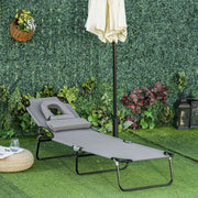 Outsunny Sun Lounger Foldable Reclining Chair with Pillow and Reading Hole Garden Beach Outdoor Recliner Adjustable Grey Outsunny