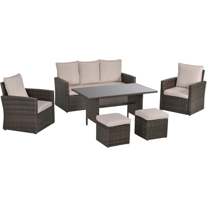 6 Piece Outdoor Dining Set with Rattan Chairs & Glass Table