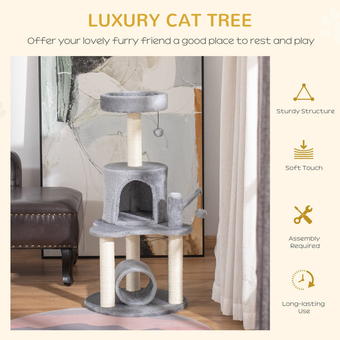 Cat Tree Tower, Jute Post, Bed Tunnel, Hanging Balls, Grey