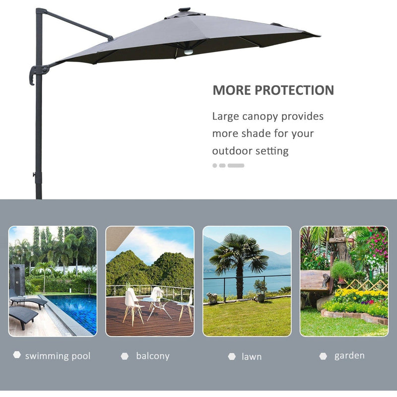 Image of a grey cantilever parasol with solar lights