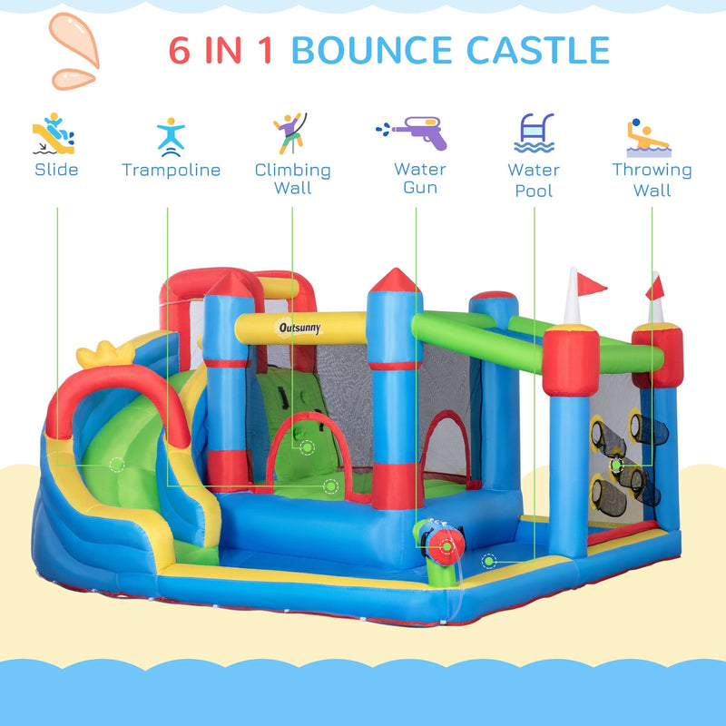 Outsunny 5 in 1 Kids Bounce Castle Large Castle Style Inflatable House Slide Trampoline Pool Water Gun Climbing Wall for Kids Age 3-8 Outsunny