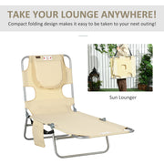 Outsunny Foldable Sun Lounger, Beach Chaise Lounge with Reading Hole, Arm Slots, 5-Position Adjustable Backrest, Side Pocket, Pillow for Patio, Beige Outsunny