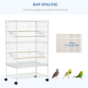 PawHut Large Bird Cage Aviary for Finch Canaries, Budgies with Rolling Stand, Slide-out Tray, Storage Shelf, Wood Perch, Food Containers, White Pawhut