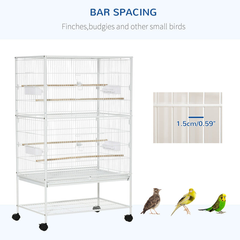 PawHut Large Bird Cage Aviary for Finch Canaries, Budgies with Rolling Stand, Slide-out Tray, Storage Shelf, Wood Perch, Food Containers, White Pawhut