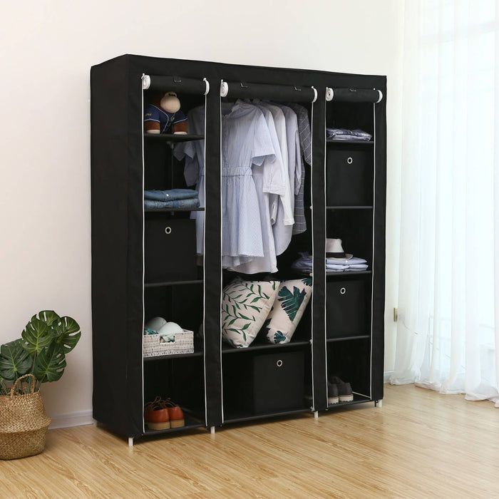 Large Black Fabric Wardrobe, 12 Shelves