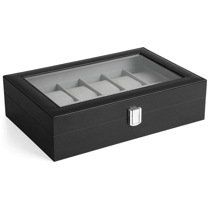 Black Leather Watch Box (Holds 12 Watches)