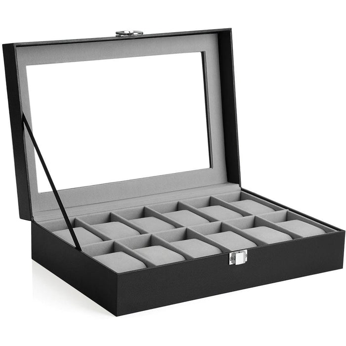 Black Leather Watch Box (Holds 12 Watches)