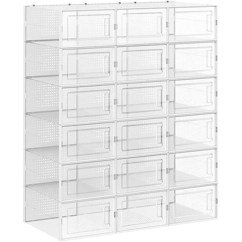 Stackable Shoe Storage Boxes, 18 Slot, Clear/White