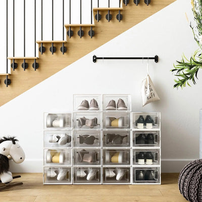 Stackable Shoe Storage Boxes, 18 Slot, Clear/White SONGMICS