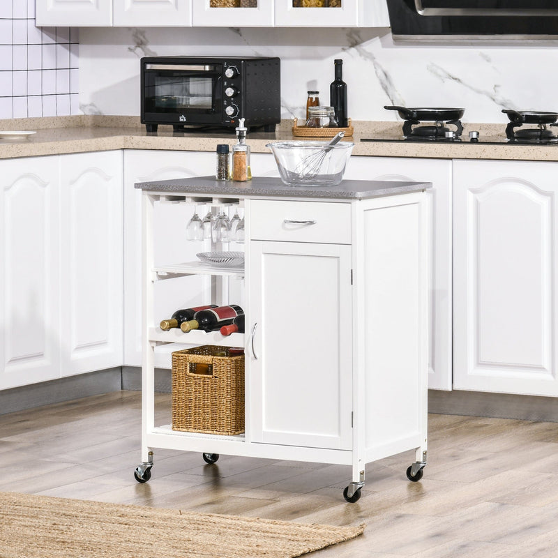 White Kitchen Trolley, Wine Rack, Drawer, Cabinet, Wheels