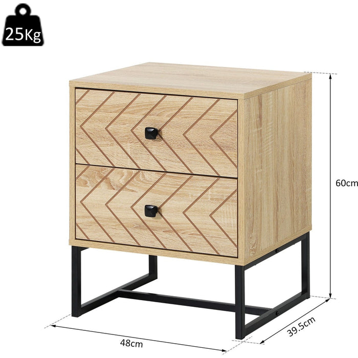 2 Drawer Nightstand, Zig Zag Design With Black Metal Handles