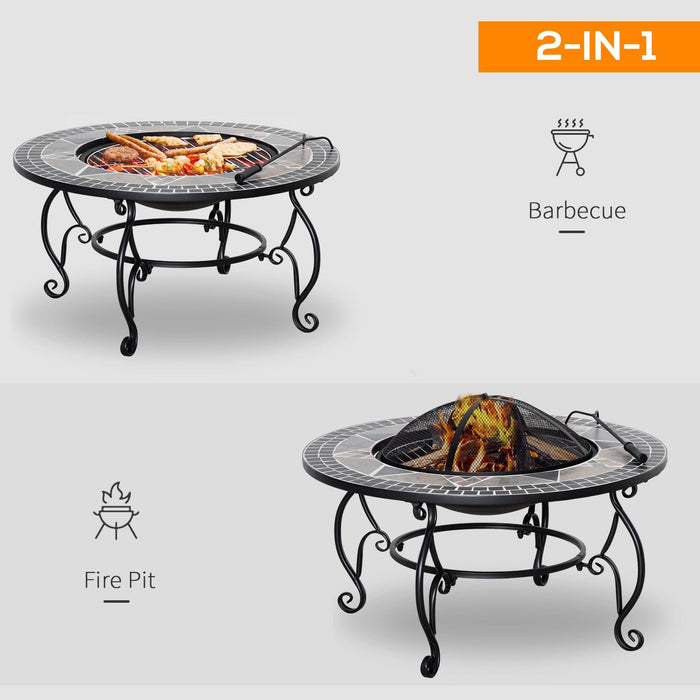 2-in-1 Outdoor Fire Pit BBQ Grill Patio Heater, Spark Screen
