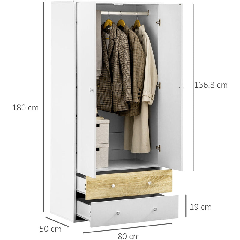 White 2-Door Wardrobe with Drawers & Hanging Rod