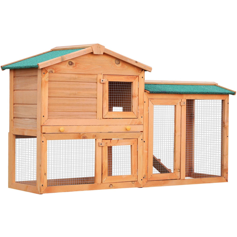 Rabbit 2 Tier Fir Wood Small Animal Hutch w/ Ramp Brown AOSOM