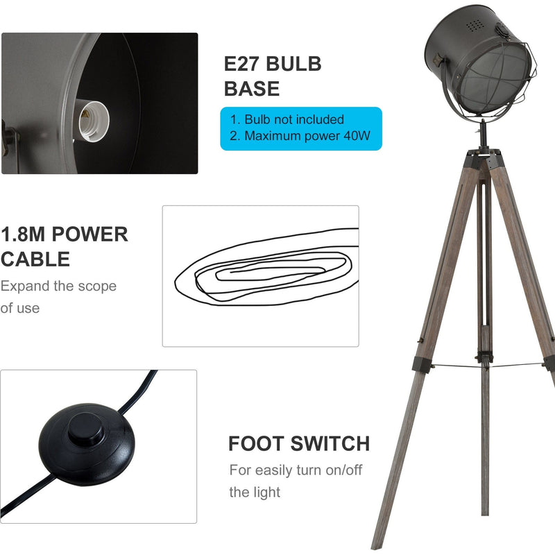 Industrial Tripod Floor Lamp, Wooden Legs