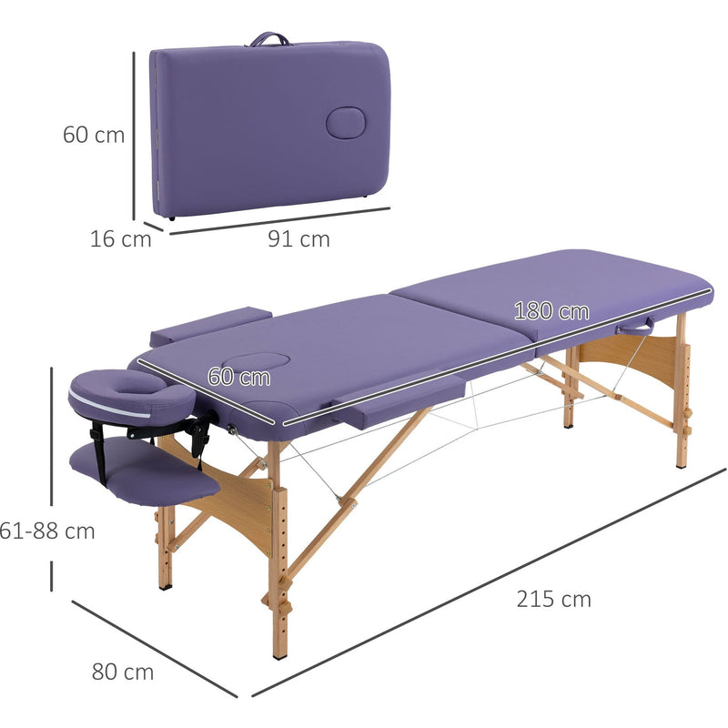 Purple Portable Home Massage Bed, 2 Sections, Wooden Frame