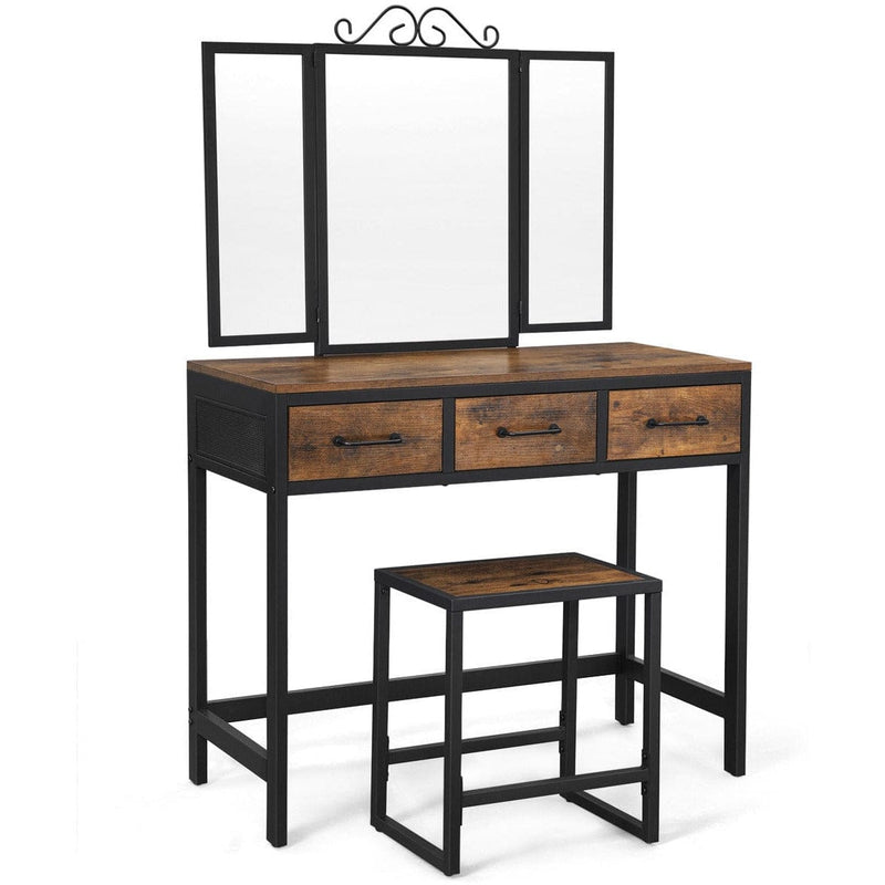 Rustic Industrial Dressing Table With Tri-Fold Mirror and Stool by Vasagle