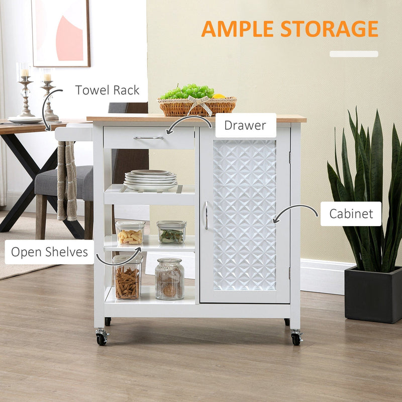 Kitchen Cart on Wheels, Embossed Door, Drawer, White