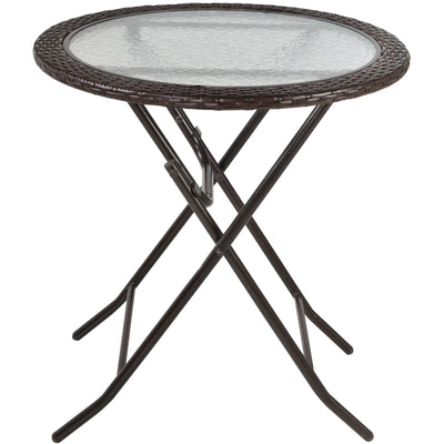 Folding Rattan Table with Glass Top for Small Spaces Indoor or Outdoor Use Brown Outsunny