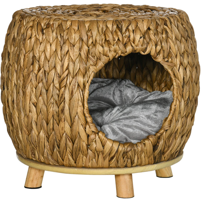 Water Hyacinth Grass Wicker Cat House Stool with Cushion