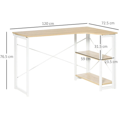 Folding L Shaped Desk, 2 Shelves, Oak Tone for Home Office Homcom