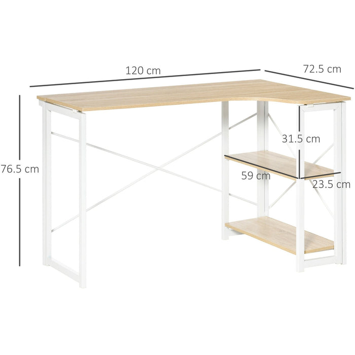 Folding L Shaped Desk, 2 Shelves, Oak Tone for Home Office