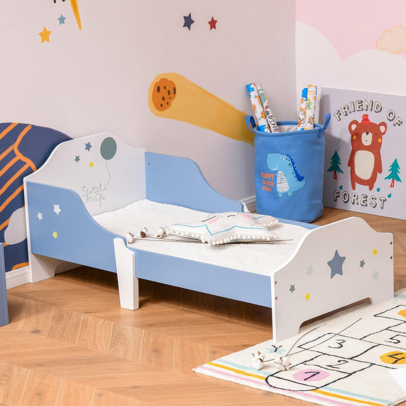 Kids Wooden Bed, Guardrails, Stars, 143x74x59cm, Blue