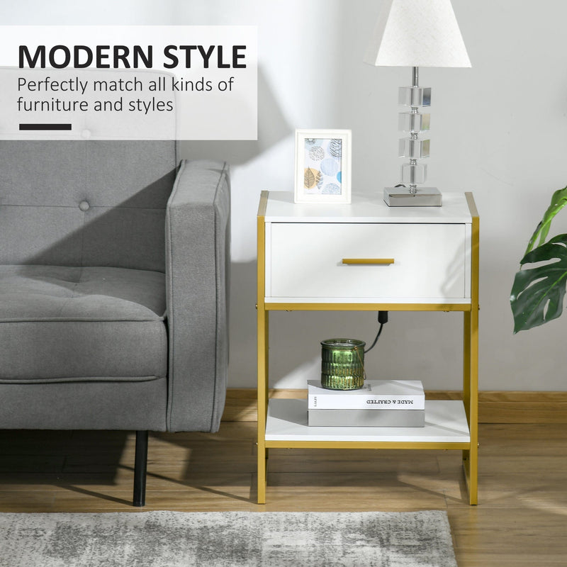 Modern Bedside Table With Drawer, White and Gold