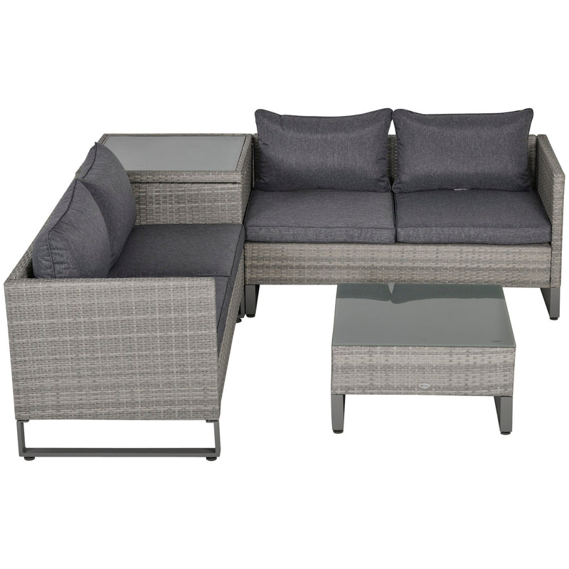 Outsunny Rattan Sofa Set with Storage, Glass Table, Grey