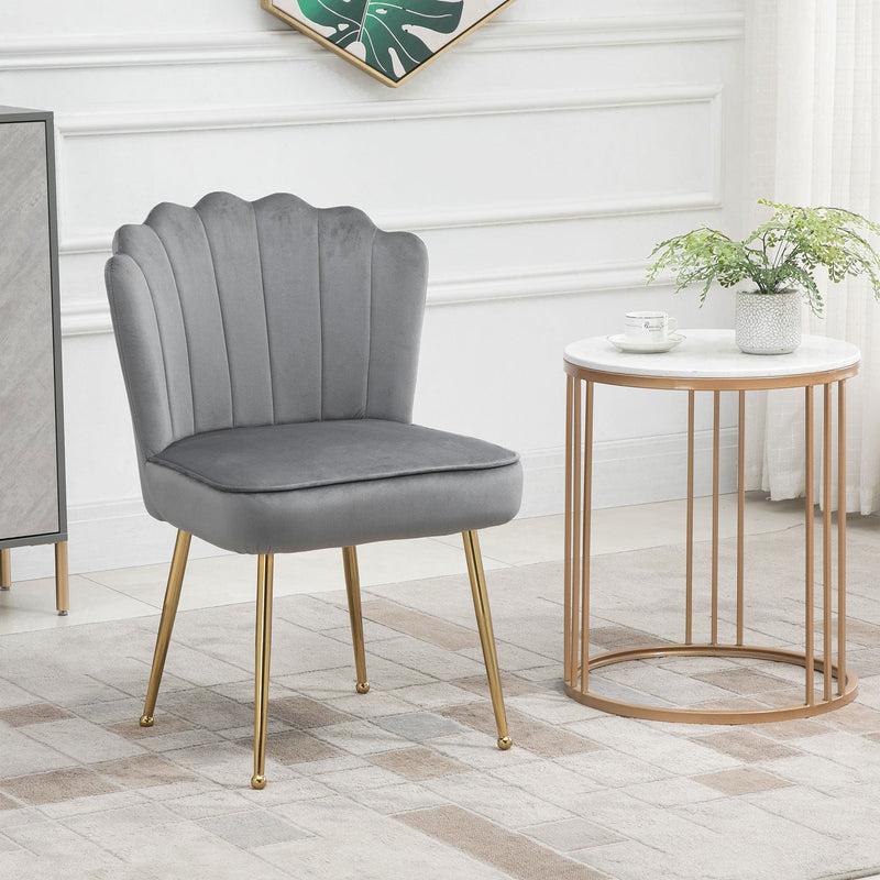 Grey Velvet Shell Back Chair With Gold Metal Legs