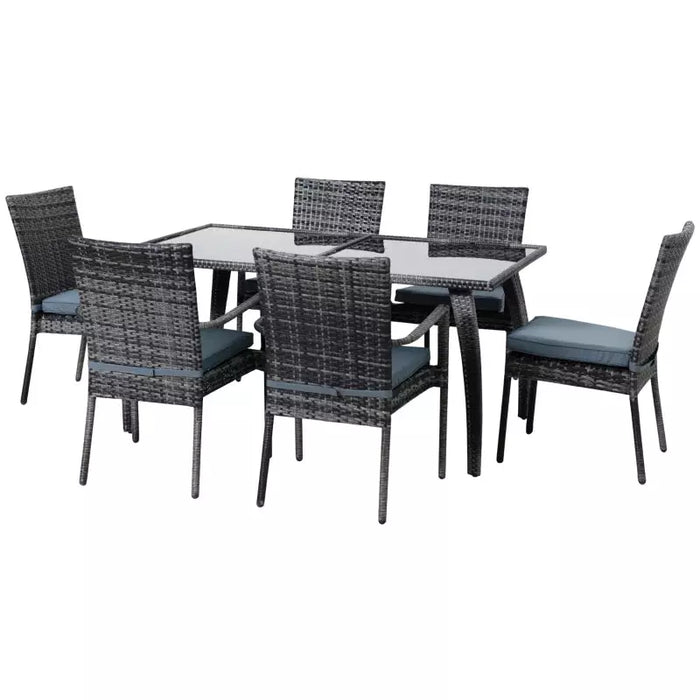 6 Seater Rattan Dining Set with Glass Table, Grey