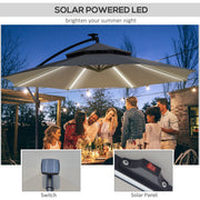 Outsunny 3(m) Cantilever Banana Parasol Hanging Umbrella with Double Roof, LED Solar lights, Crank, 8 Sturdy Ribs and Cross Base for Outdoor, Garden Outsunny
