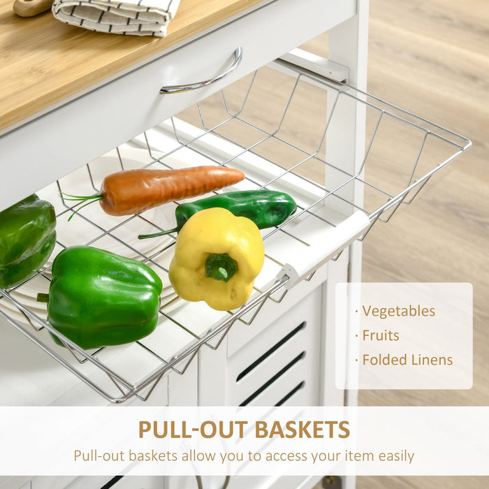 Mobile Kitchen Trolley, Bamboo Top, Storage, Basket, White