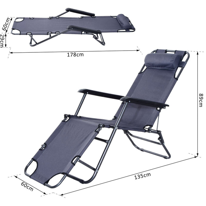 2-in-1 Folding Grey Sun Lounger Chair with Pillow