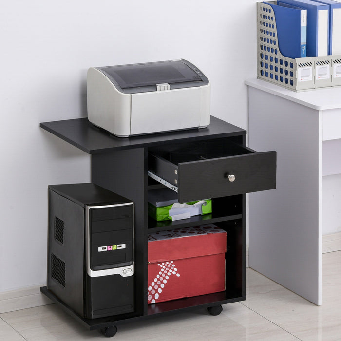 Black Mobile Printer Cart with CPU Stand & Drawer